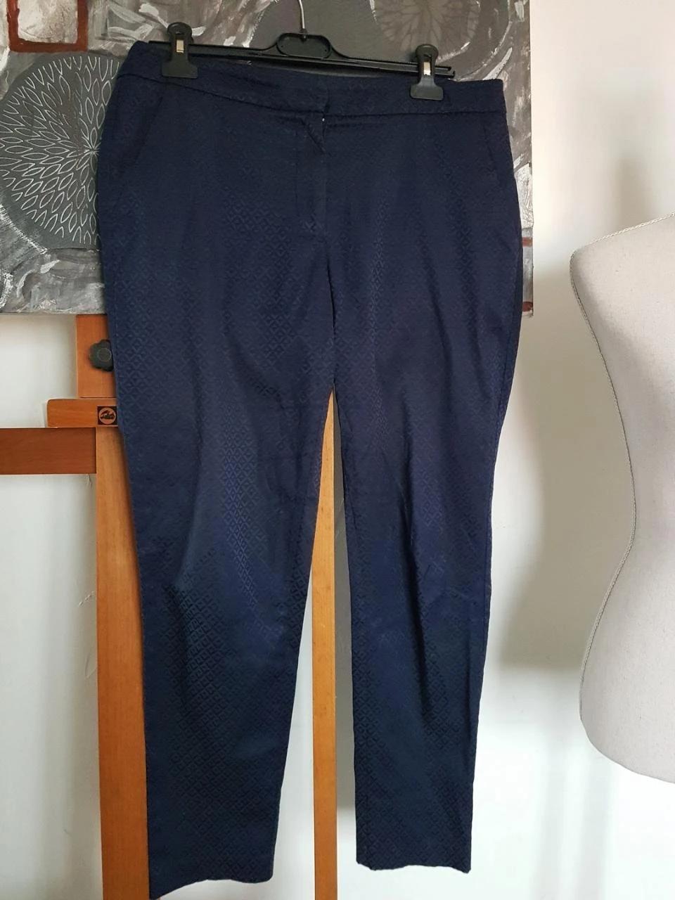 💙Pantalon Chic Espada Bleu Marine Satiné Motif Discret - Taille L (38/40)